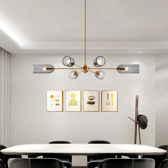 Postmodern 6-Bulb Gold Chandelier With Smoky Grey Cloche Glass Shade - Hanging Pendant