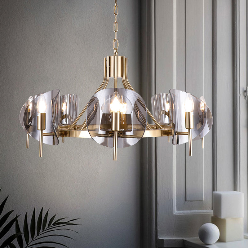 Smoky Grey Glass Chandelier With 8 Lights - Postmodern Gold Ceiling Hang Light For Shield Parlor