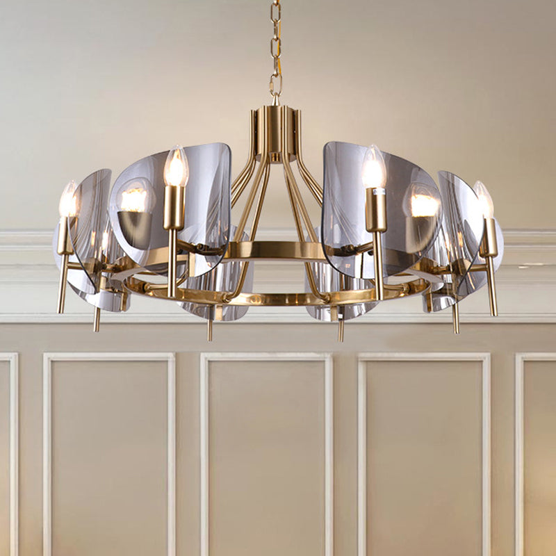 Smoky Grey Glass Chandelier With 8 Lights - Postmodern Gold Ceiling Hang Light For Shield Parlor