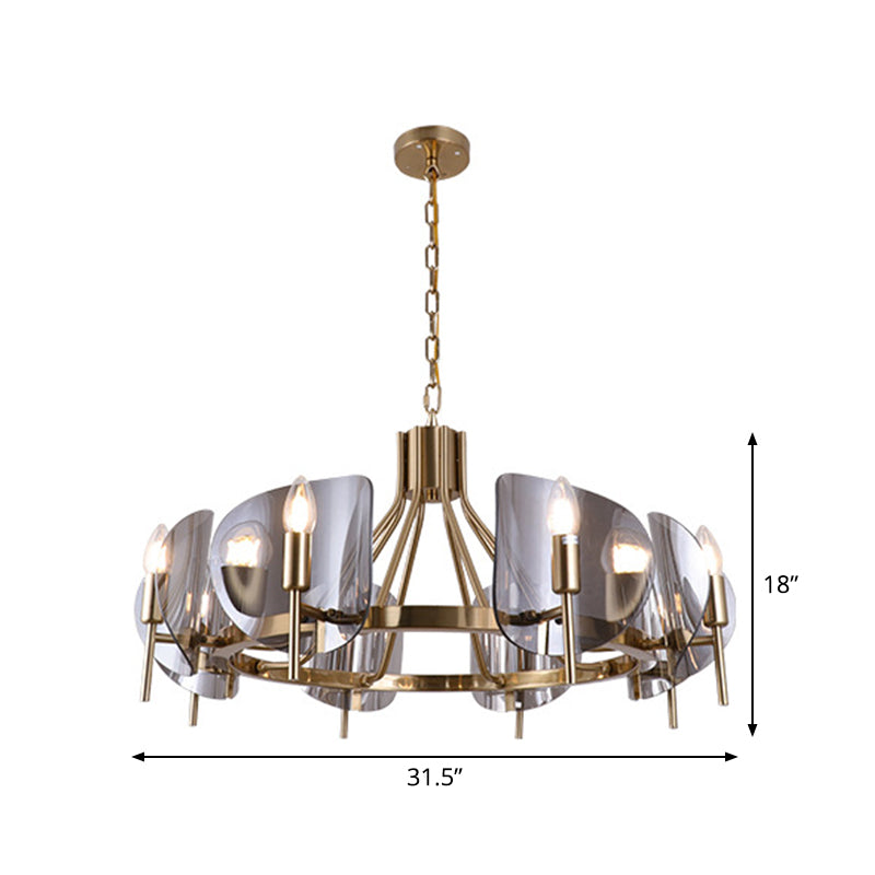 Smoky Grey Glass Chandelier With 8 Lights - Postmodern Gold Ceiling Hang Light For Shield Parlor