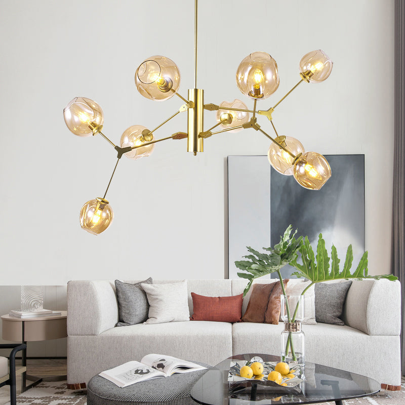 Modern Amber Glass Chandelier With Dimpled Cup Shades - 9-Bulb Pendant Lighting Fixture In Gold For