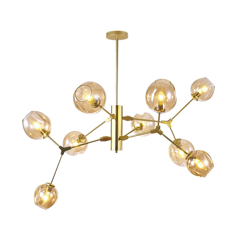 Modern Amber Glass Chandelier With Dimpled Cup Shades - 9-Bulb Pendant Lighting Fixture In Gold For