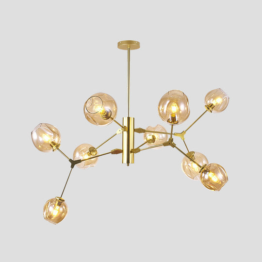 Modern Amber Glass Chandelier With Dimpled Cup Shades - 9-Bulb Pendant Lighting Fixture In Gold For