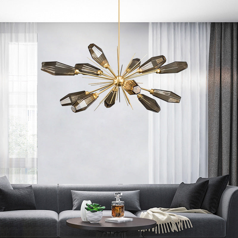 Smoke Grey Glass Diamond Chandelier Lamp - Modern 12-Head Hanging Ceiling Light With Burst Design In