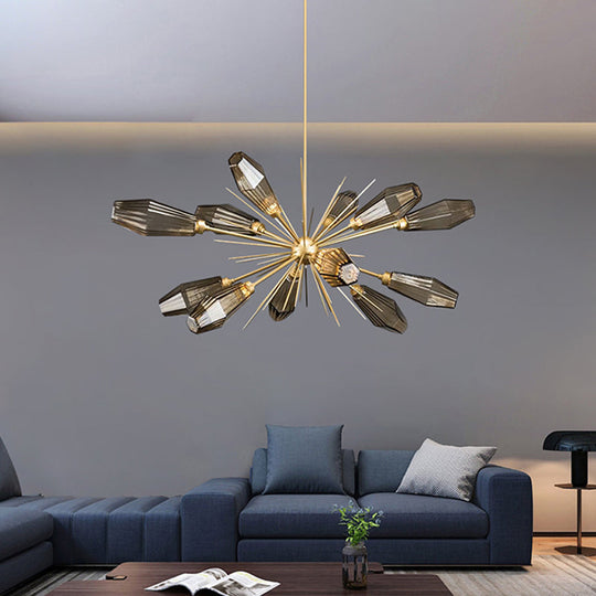 Smoke Grey Glass Diamond Chandelier Lamp - Modern 12-Head Hanging Ceiling Light With Burst Design In