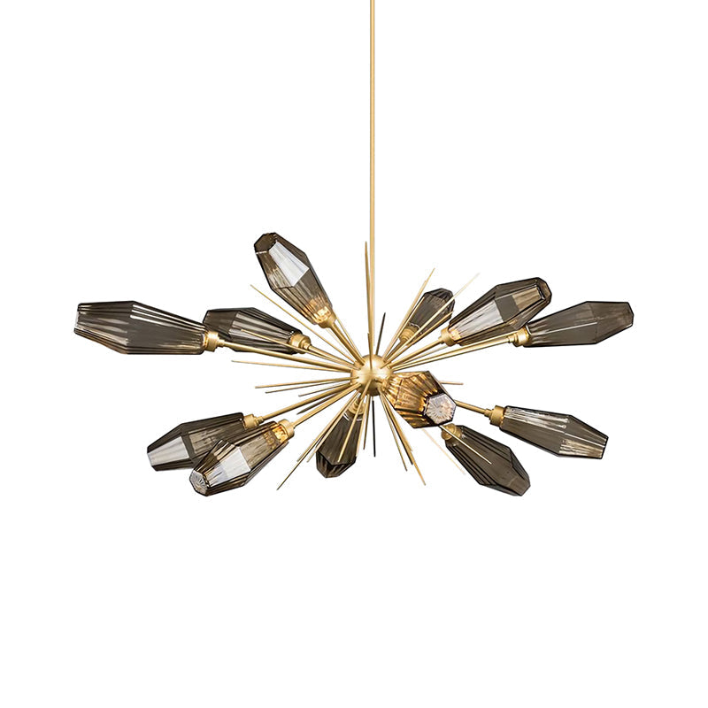 Smoke Grey Glass Diamond Chandelier Lamp - Modern 12-Head Hanging Ceiling Light With Burst Design In