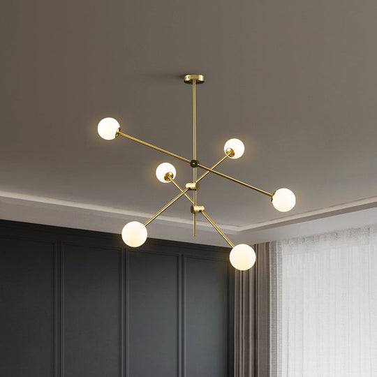 Minimalistic Rotatable White Ball Glass Chandelier - Gold Suspension Pendant Light With 6 Bulbs