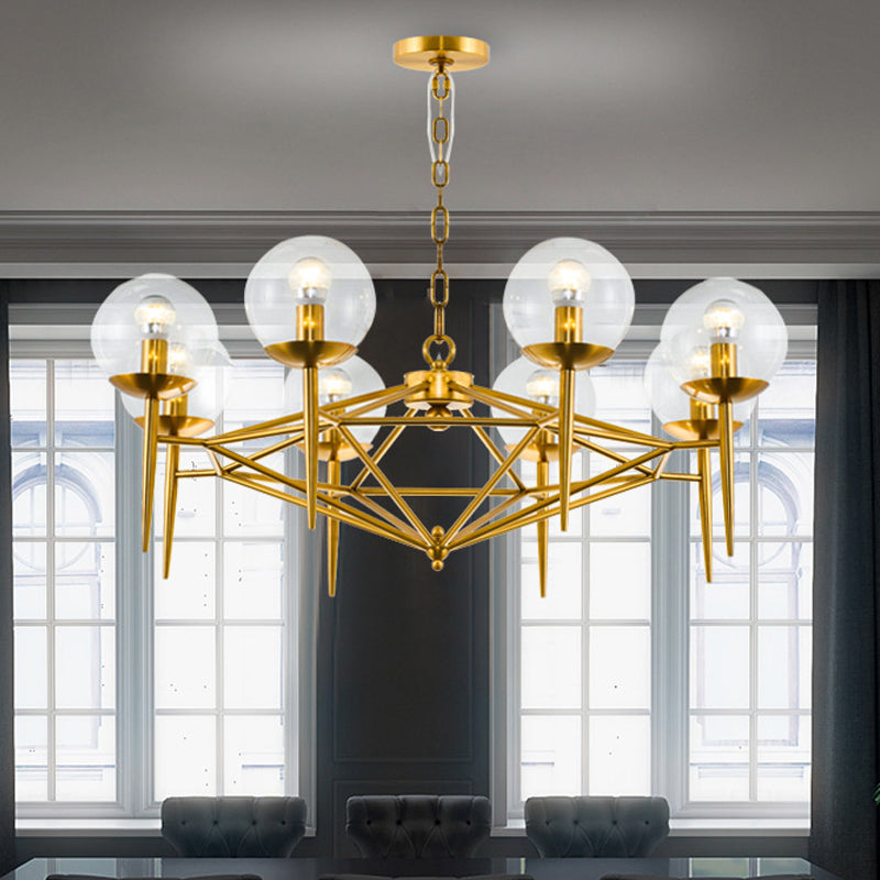 Gold Metal 8-Light Vertical Chandelier with Clear Glass Shade - Modern Living Room Hanging Lamp