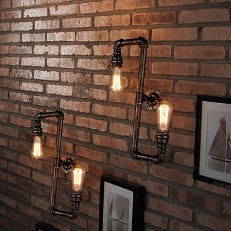 Cyberpunk Bronze Finish Iron Wall Mounted Lamp - 2 Heads Tortuous Pipe Light Kit For Restaurants