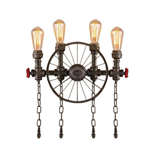 Bronze Steampunk Wall Sconce With Chain And Valve - 2/4-Head Iron Light Fixture