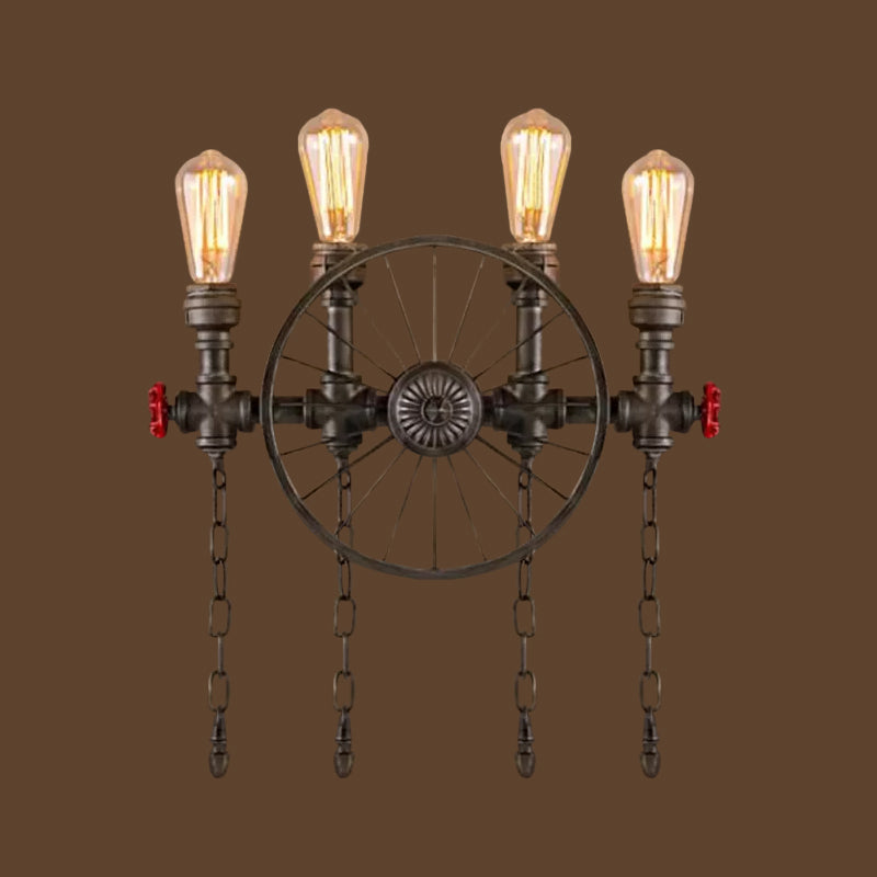 Bronze Steampunk Wall Sconce With Chain And Valve - 2/4-Head Iron Light Fixture