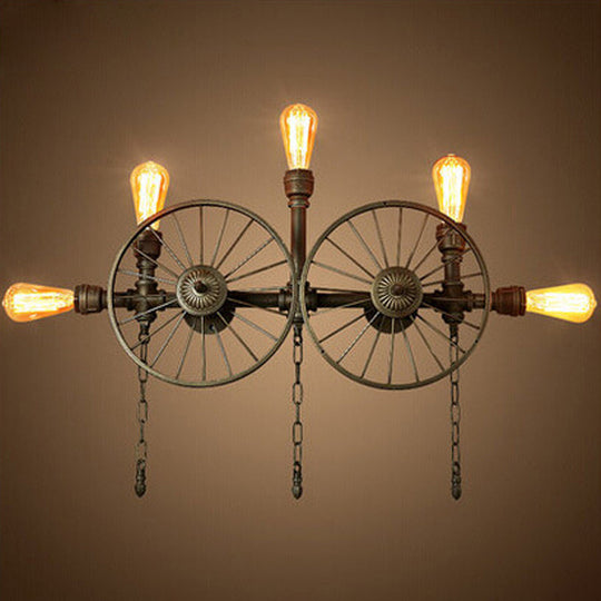 Industrial Iron Wheel Wall Mounted Sconce With Chain And Pipe - Black 1/4/5-Bulb Light 5 /