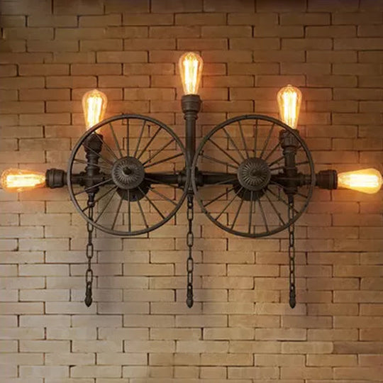 Industrial Iron Wheel Wall Mounted Sconce With Chain And Pipe - Black 1/4/5-Bulb Light