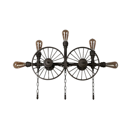 Industrial Iron Wheel Wall Mounted Sconce With Chain And Pipe - Black 1/4/5-Bulb Light