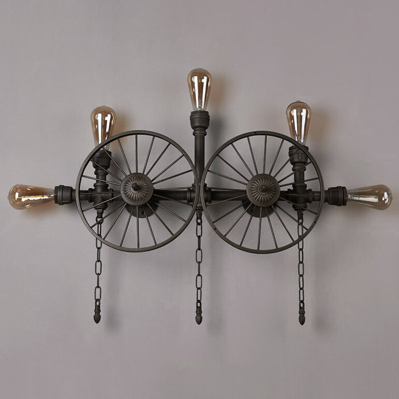 Industrial Iron Wheel Wall Mounted Sconce With Chain And Pipe - Black 1/4/5-Bulb Light