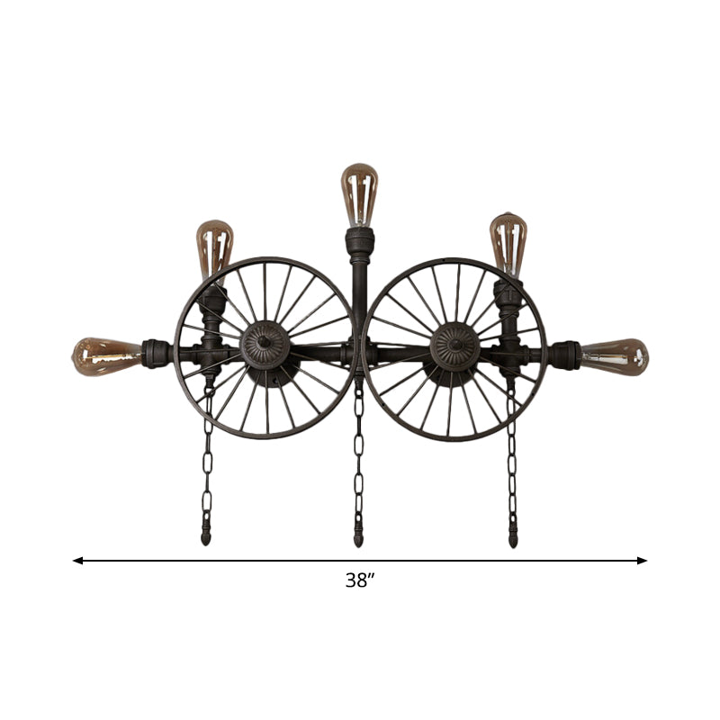 Industrial Iron Wheel Wall Mounted Sconce With Chain And Pipe - Black 1/4/5-Bulb Light