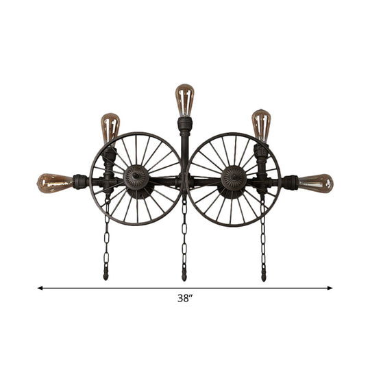 Industrial Iron Wheel Wall Mounted Sconce With Chain And Pipe - Black 1/4/5-Bulb Light