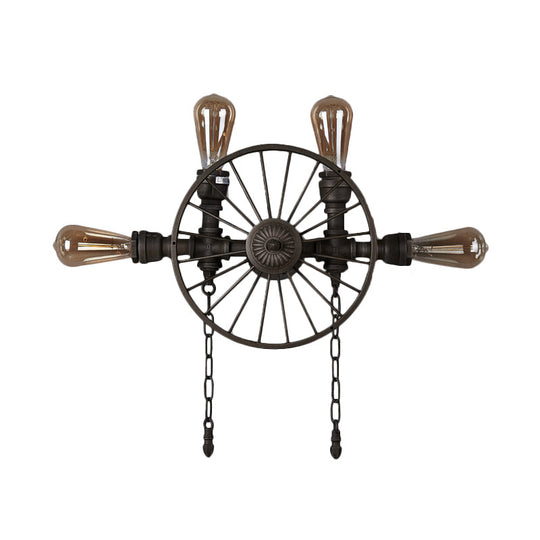 Industrial Iron Wheel Wall Mounted Sconce With Chain And Pipe - Black 1/4/5-Bulb Light