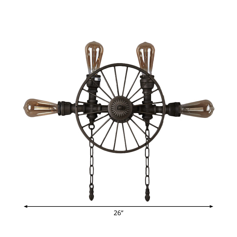 Industrial Iron Wheel Wall Mounted Sconce With Chain And Pipe - Black 1/4/5-Bulb Light