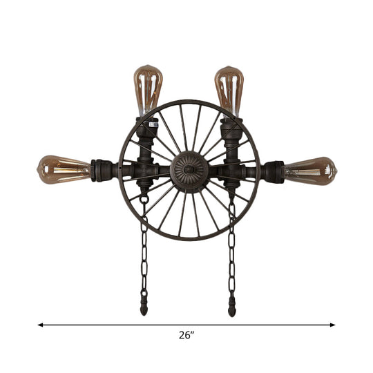 Industrial Iron Wheel Wall Mounted Sconce With Chain And Pipe - Black 1/4/5-Bulb Light