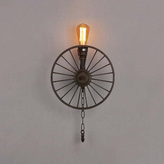 Industrial Iron Wheel Wall Mounted Sconce With Chain And Pipe - Black 1/4/5-Bulb Light