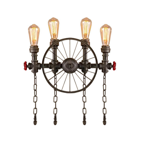 Wrought Iron Bistro Wall Light With Decorative Wheel And Chain In Silver/Bronze - 2/4-Light Loft