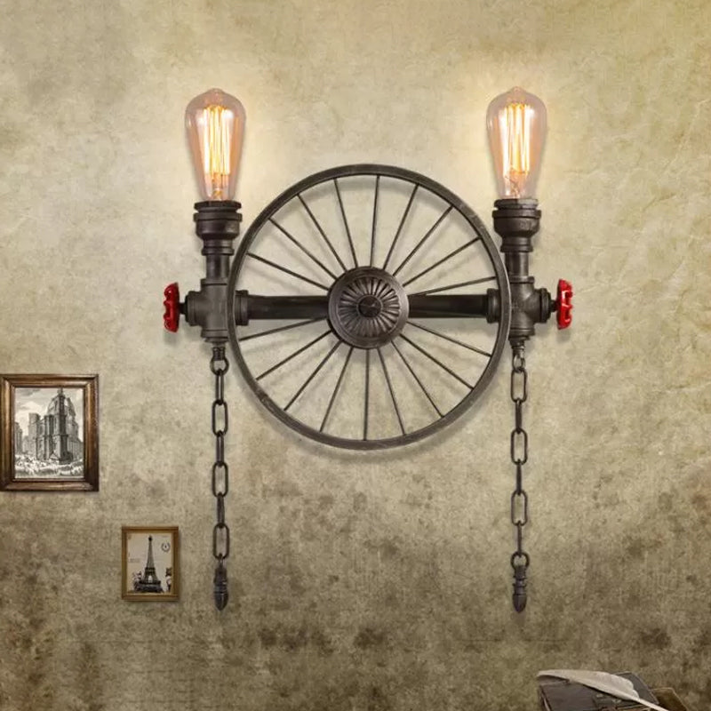 Wrought Iron Bistro Wall Light With Decorative Wheel And Chain In Silver/Bronze - 2/4-Light Loft