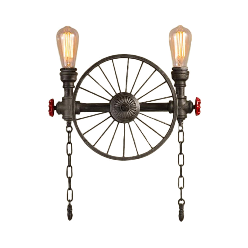 Wrought Iron Bistro Wall Light With Decorative Wheel And Chain In Silver/Bronze - 2/4-Light Loft