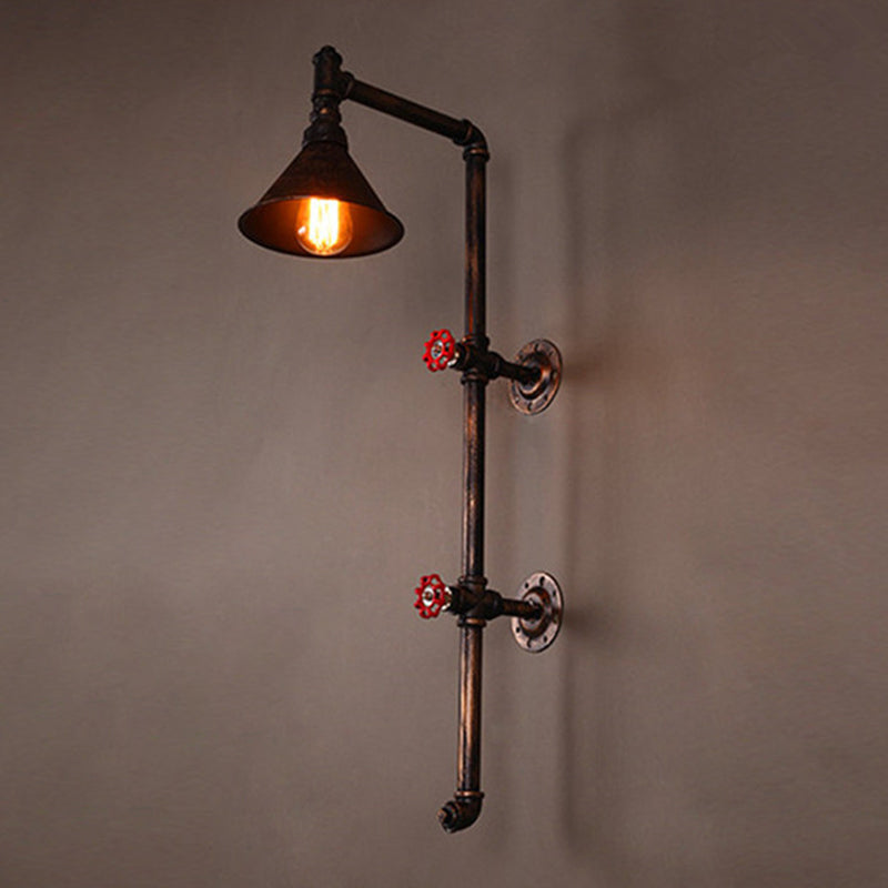 Iron Wall Light Kit - Industrial Single Cone Shade Mount Lamp In Bronze With Valve And Bracket