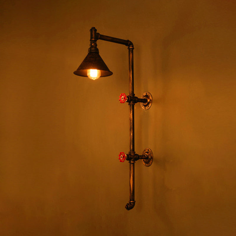 Iron Wall Light Kit - Industrial Single Cone Shade Mount Lamp In Bronze With Valve And Bracket