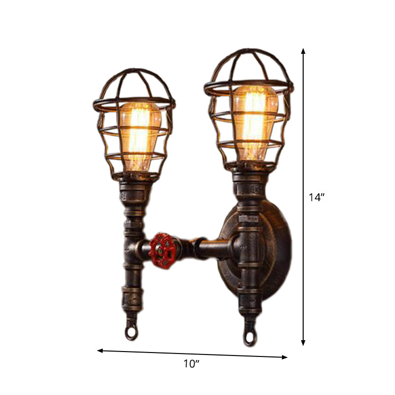 Industrial Style Wall Mounted Lighting With Wire Cage And Bronze Finish - Set Of 2 Bulbs