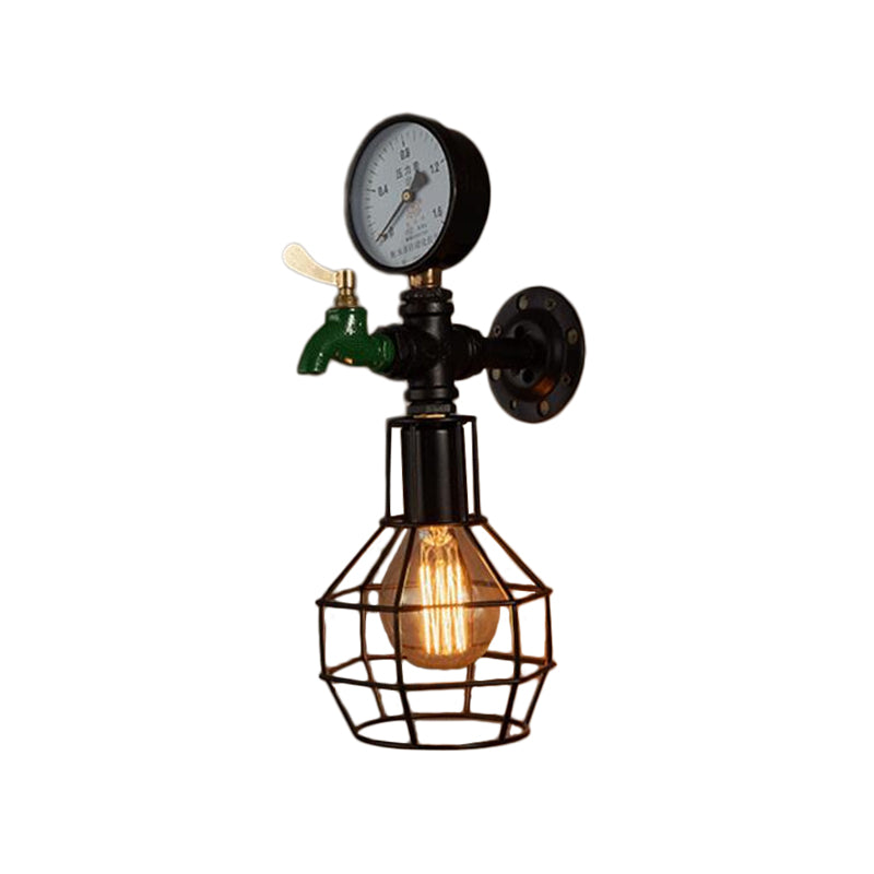 Industrial Black And Green Wall Mounted Lamp With Gauge Cage - 1-Light Water-Tap Design