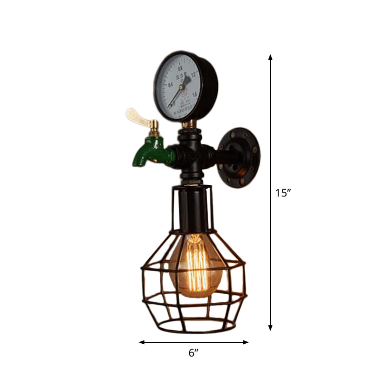 Industrial Black And Green Wall Mounted Lamp With Gauge Cage - 1-Light Water-Tap Design