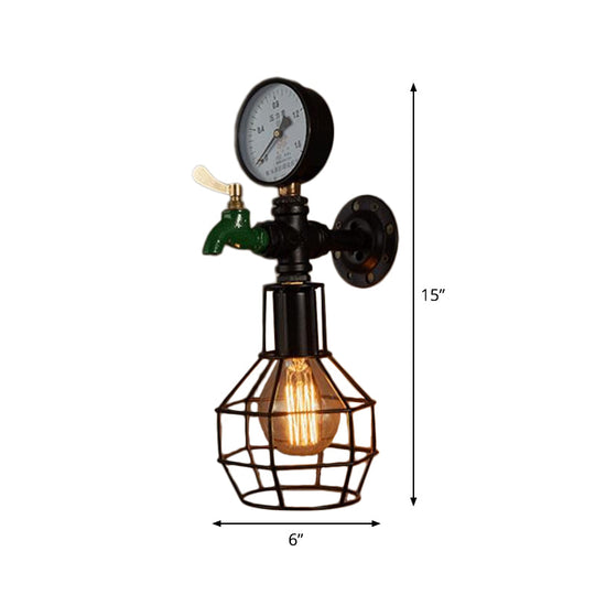 Industrial Black And Green Wall Mounted Lamp With Gauge Cage - 1-Light Water-Tap Design