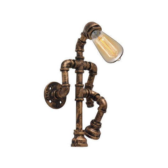 Steampunk Pipe Robot Wall Sconce With Single-Bulb - Wrought Iron Light In Black/Bronze/Copper Bronze