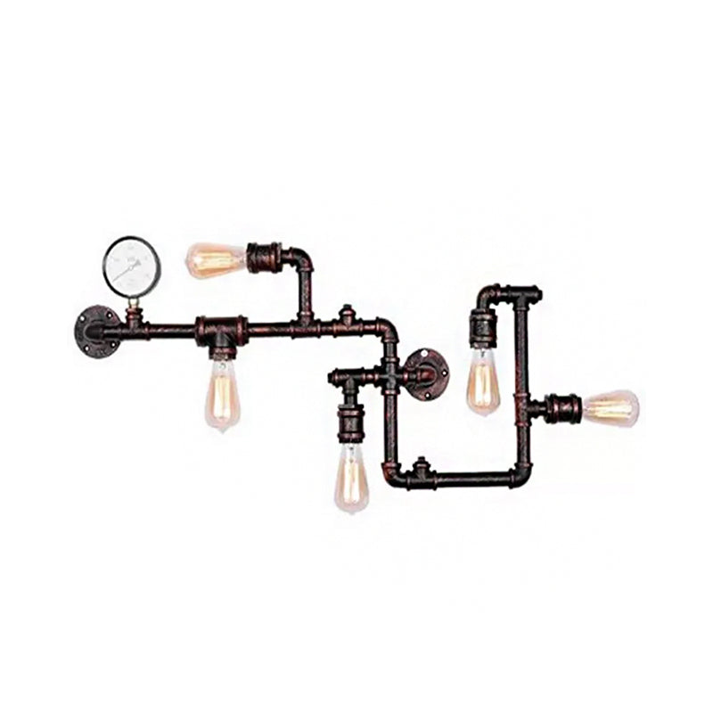 Industrial Antiqued Black/Brass/Rust Wall Light Kit With Decorative Gauge - 5 Bulbs Pipe System