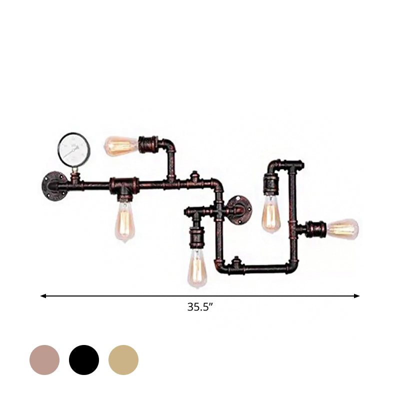 Industrial Antiqued Black/Brass/Rust Wall Light Kit With Decorative Gauge - 5 Bulbs Pipe System