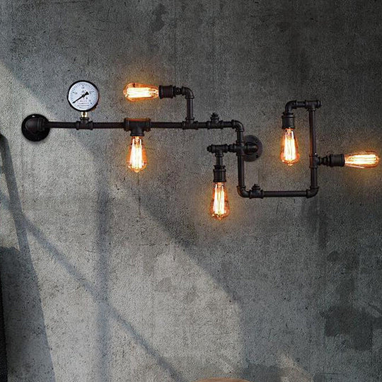 Industrial Antiqued Black/Brass/Rust Wall Light Kit With Decorative Gauge - 5 Bulbs Pipe System