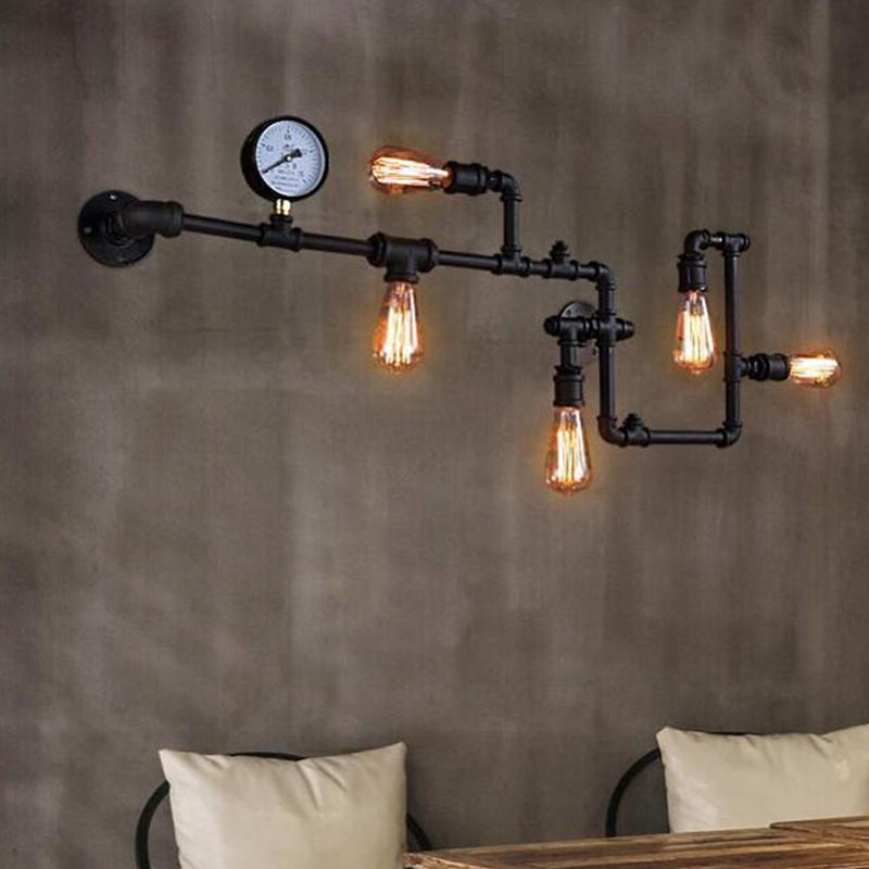 Industrial Antiqued Black/Brass/Rust Wall Light Kit With Decorative Gauge - 5 Bulbs Pipe System