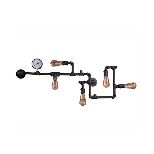 Industrial Antiqued Black/Brass/Rust Wall Light Kit With Decorative Gauge - 5 Bulbs Pipe System