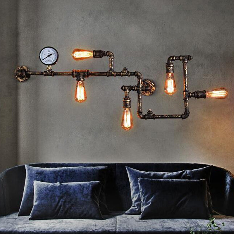 Industrial Antiqued Black/Brass/Rust Wall Light Kit With Decorative Gauge - 5 Bulbs Pipe System