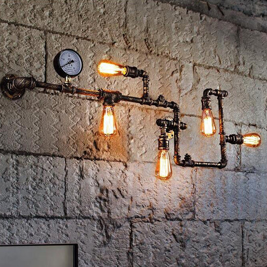 Industrial Antiqued Black/Brass/Rust Wall Light Kit With Decorative Gauge - 5 Bulbs Pipe System