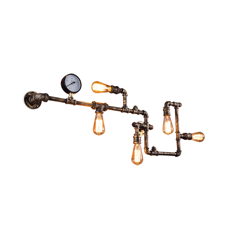 Industrial Antiqued Black/Brass/Rust Wall Light Kit With Decorative Gauge - 5 Bulbs Pipe System