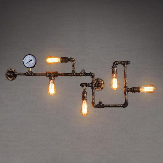 Industrial Antiqued Black/Brass/Rust Wall Light Kit With Decorative Gauge - 5 Bulbs Pipe System