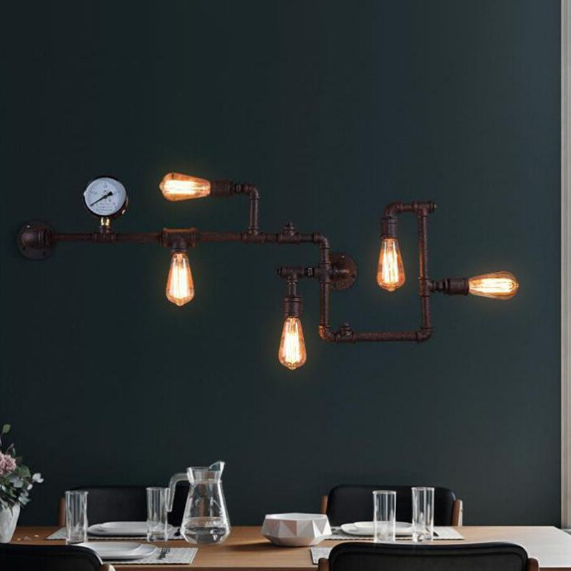 Industrial Rust/Bronze 5-Head Wall Mounted Lamp With Pressure Gauge - Wrought Iron Pipe System