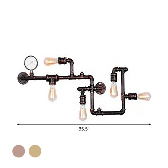 Industrial Rust/Bronze 5-Head Wall Mounted Lamp With Pressure Gauge - Wrought Iron Pipe System