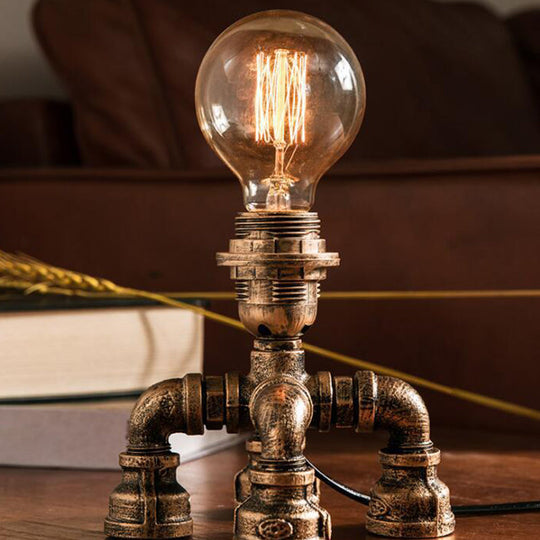 Édith - Bronze Warehouse Style Iron Table Light: Single-Bulb Robot Nightstand