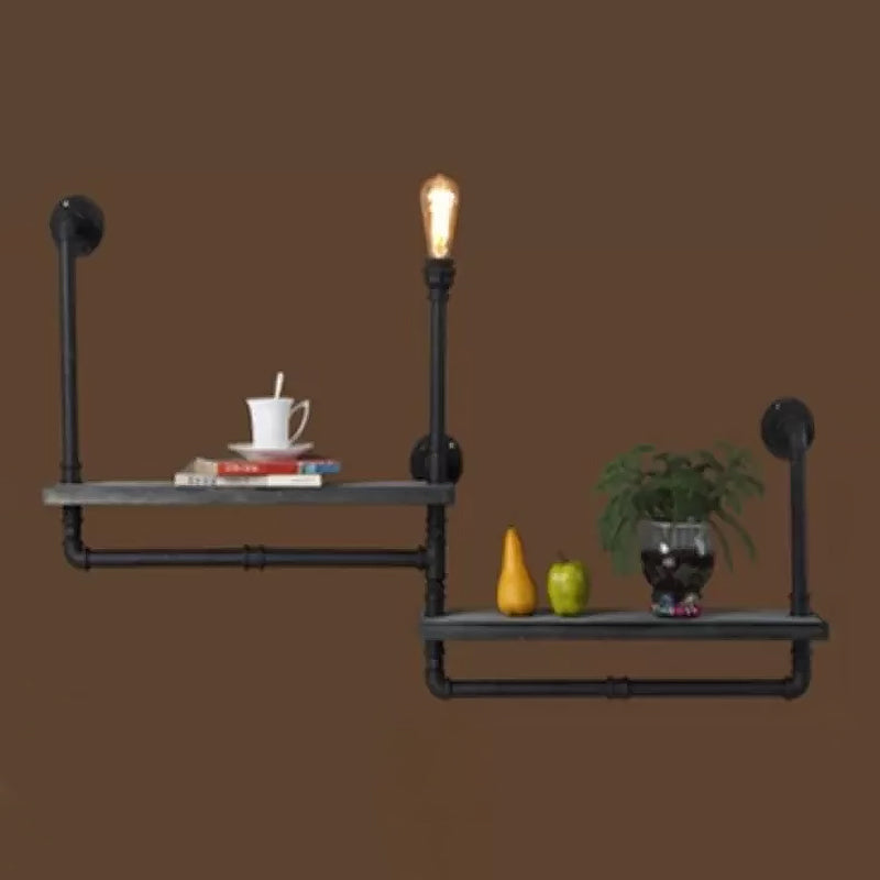 Rustic Black Iron Wall Mounted Pipe Shelf Light 1-Bulb Lighting For Dining Room