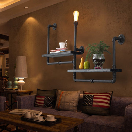 Rustic Black Iron Wall Mounted Pipe Shelf Light 1-Bulb Lighting For Dining Room