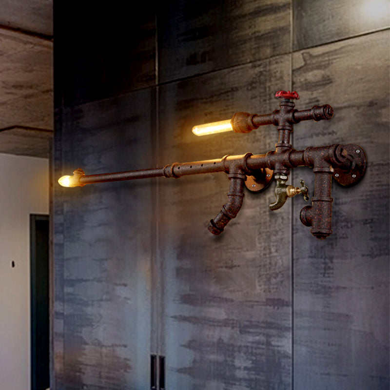 Steampunk Iron Gun Pipe Wall Sconce: Rust/Black 2-Head Bedroom Light Fixture